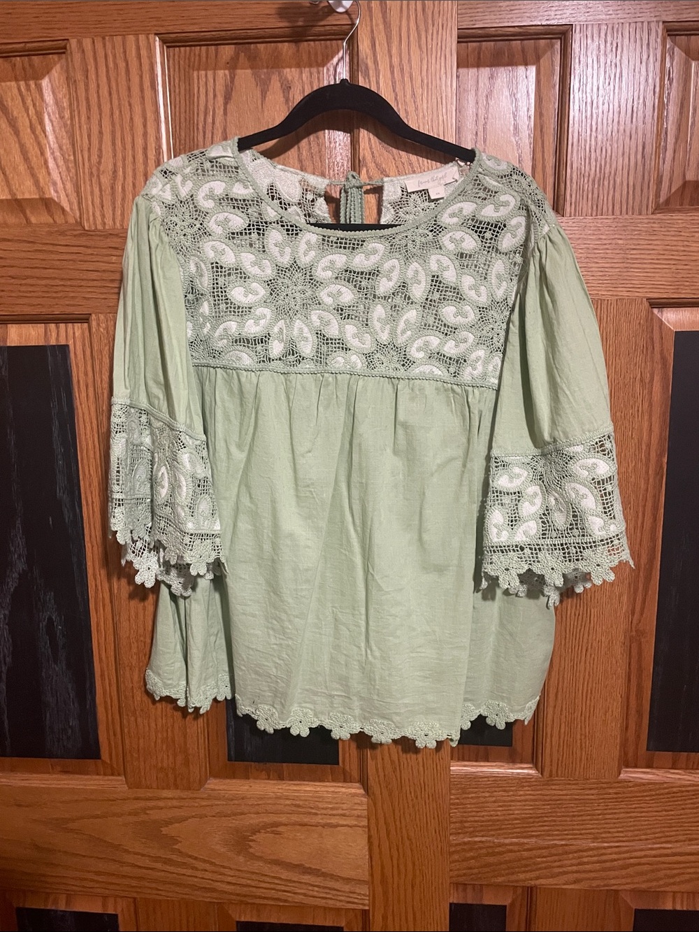 Anthropologie Sage Green Crochet Yoke Peasant Tunic